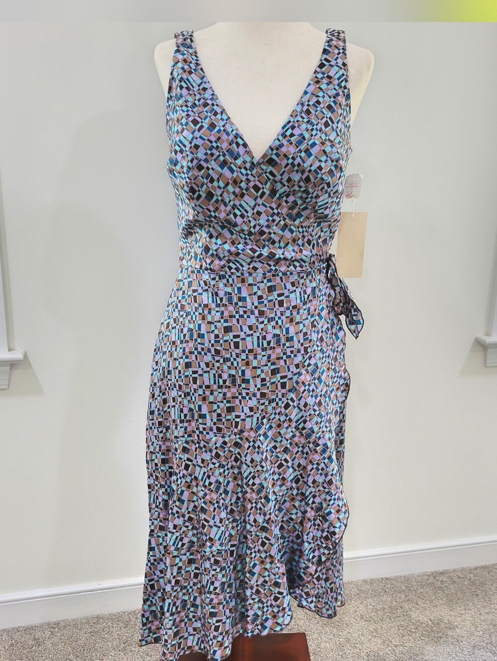 NWT Shoshanna 100% Silk High Low Wrap Dress Size 6 Mosaic Print Y2K